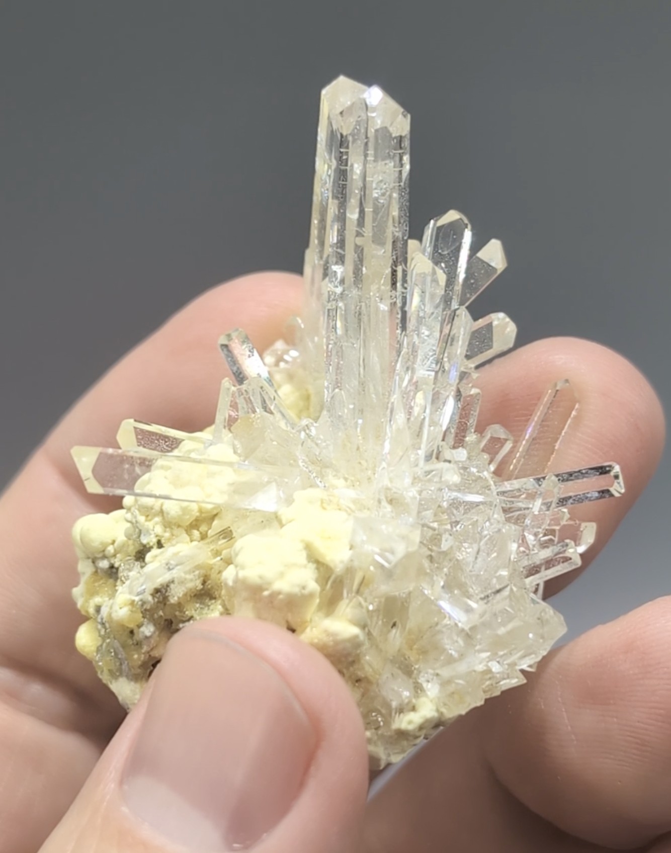 Celestine - Water-Clear Radiating Cluster on Native Sulphur, Machów Mine, Poland